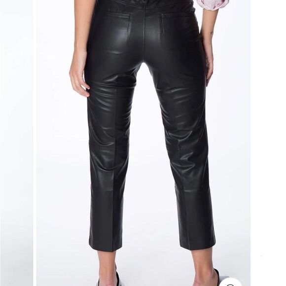 NEW David Lerner Black Faux Vegan Leather High Rise Button Fly Crop Flare Pant M - Picture 4 of 10